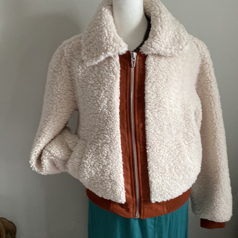 Blank NYC Faux Shearling Sherpa Vegan Leather Trim Full Zip Bomber Jacket